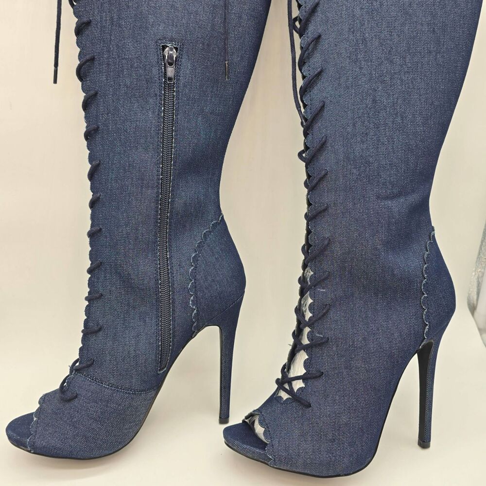 Denim Knee High Boots Size 8.5 | Y2K Festival Statement Heels - Picture 3 of 13